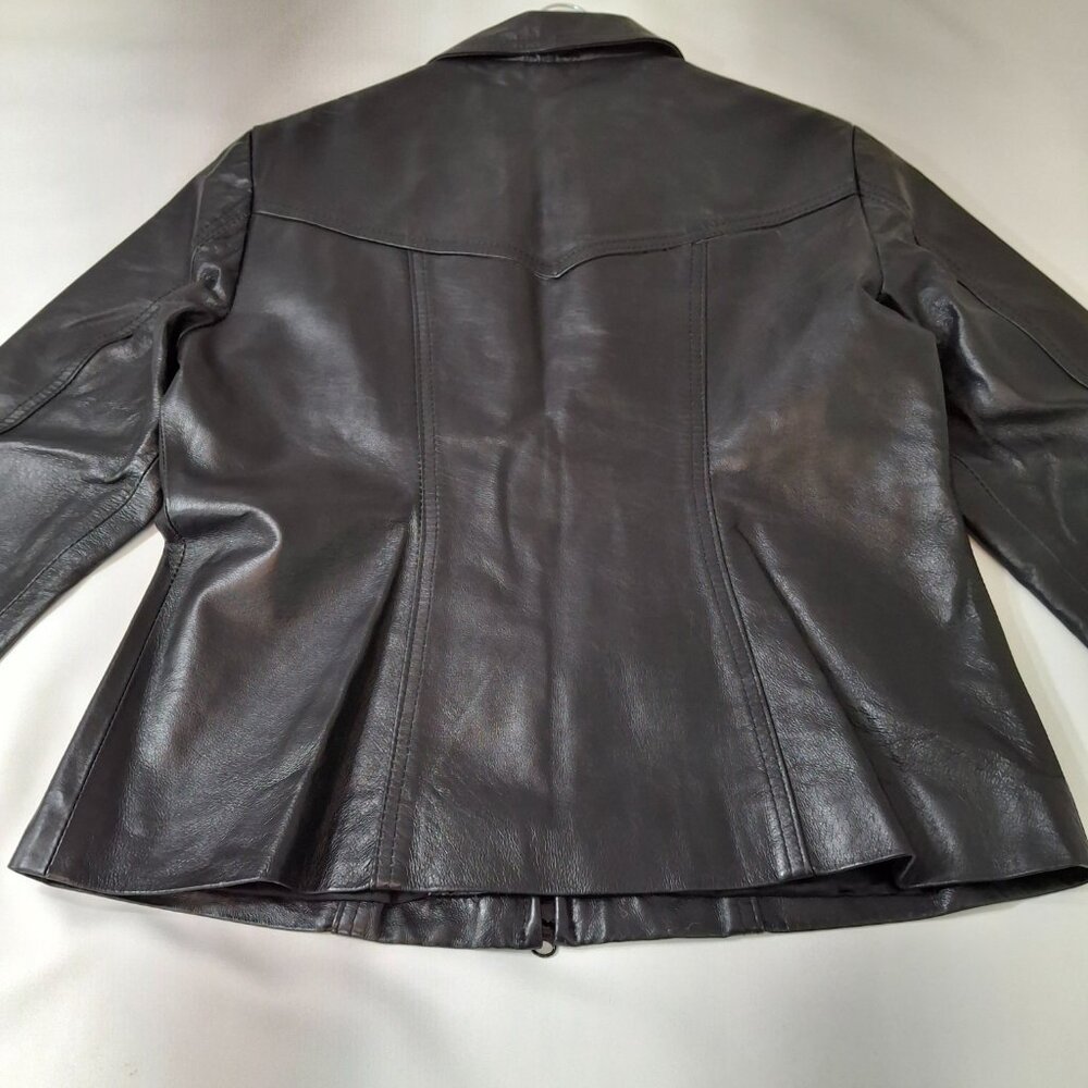 Vintage Sz M Women's Genuine Black Leather Jacket Leather Ranch Zip Up - Picture 9 of 11